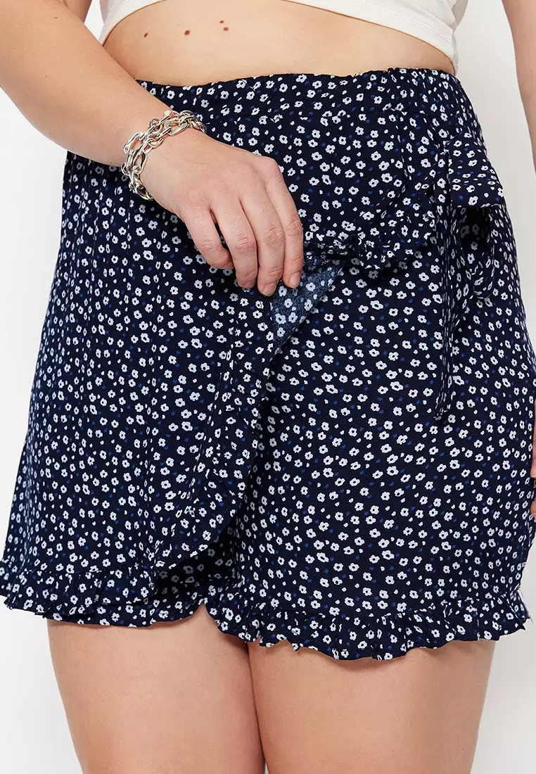 Navy Blue Floral Patterned Woven Tie Shorts Skirt TBBSS22SR0164