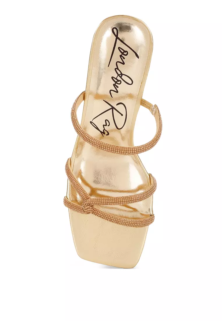 Rhinestone Block Heel Sandals in Gold