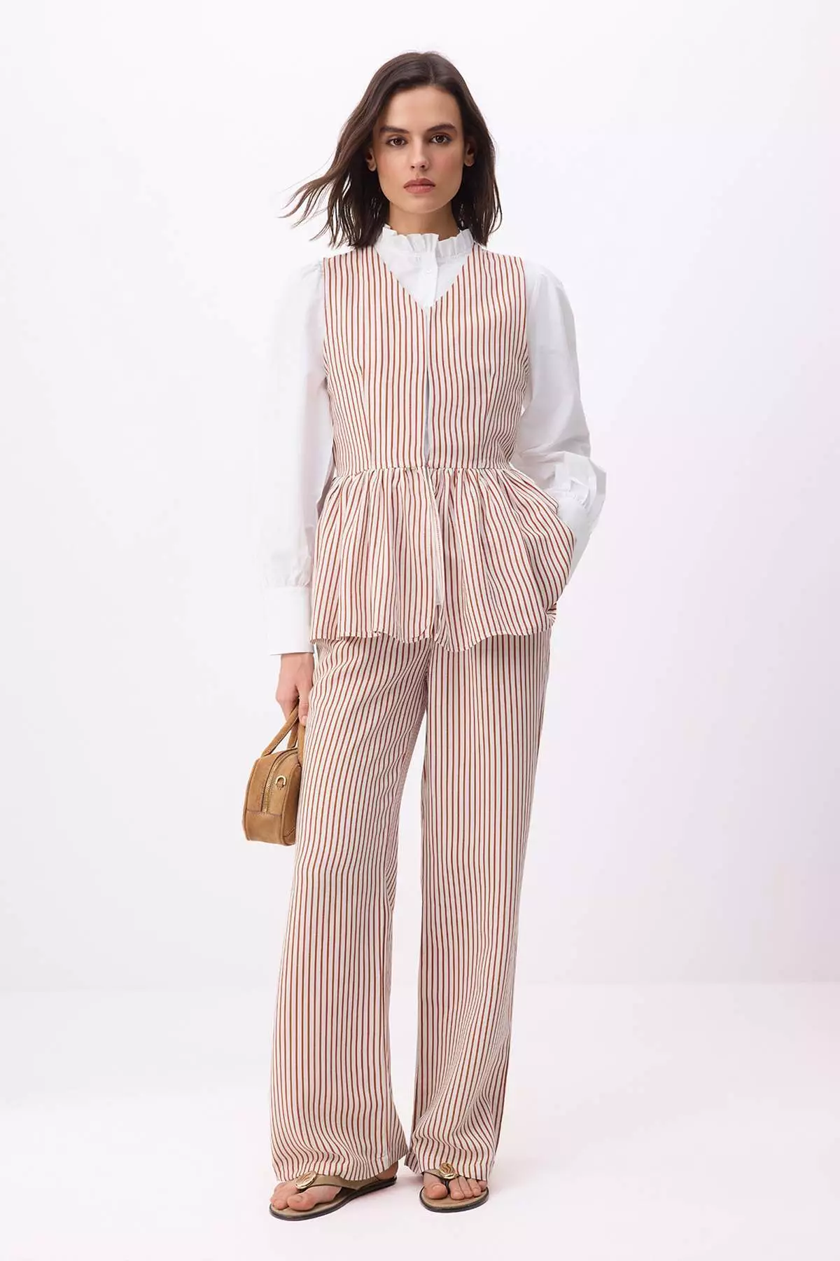Multi-Colored Regular Linen-Look Striped Woven 3-Piece Hijab Set - Top And Bottom Set Tctss26Us00042