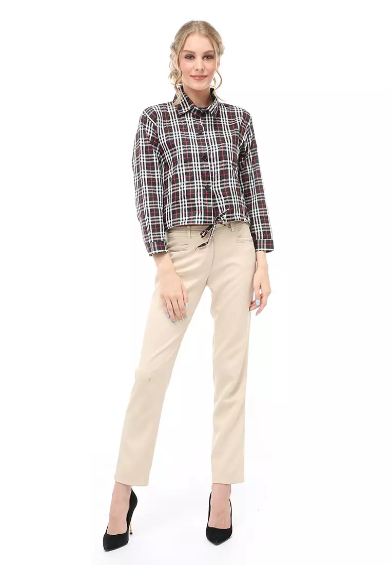 Holly Atasan Kasual Kemeja Crop Top Wanita Lengan Panjang Plaid Motif Material Cotton ORIGINAL - Black