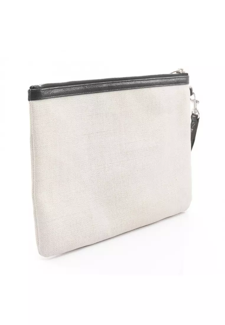 Pre-Loved SAINT LAURENT PARIS RIVE GAUCHE Liv Gauche Clutch bag canvas leather ivory black