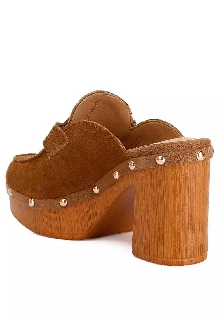 Tan Suede Platform Clogs