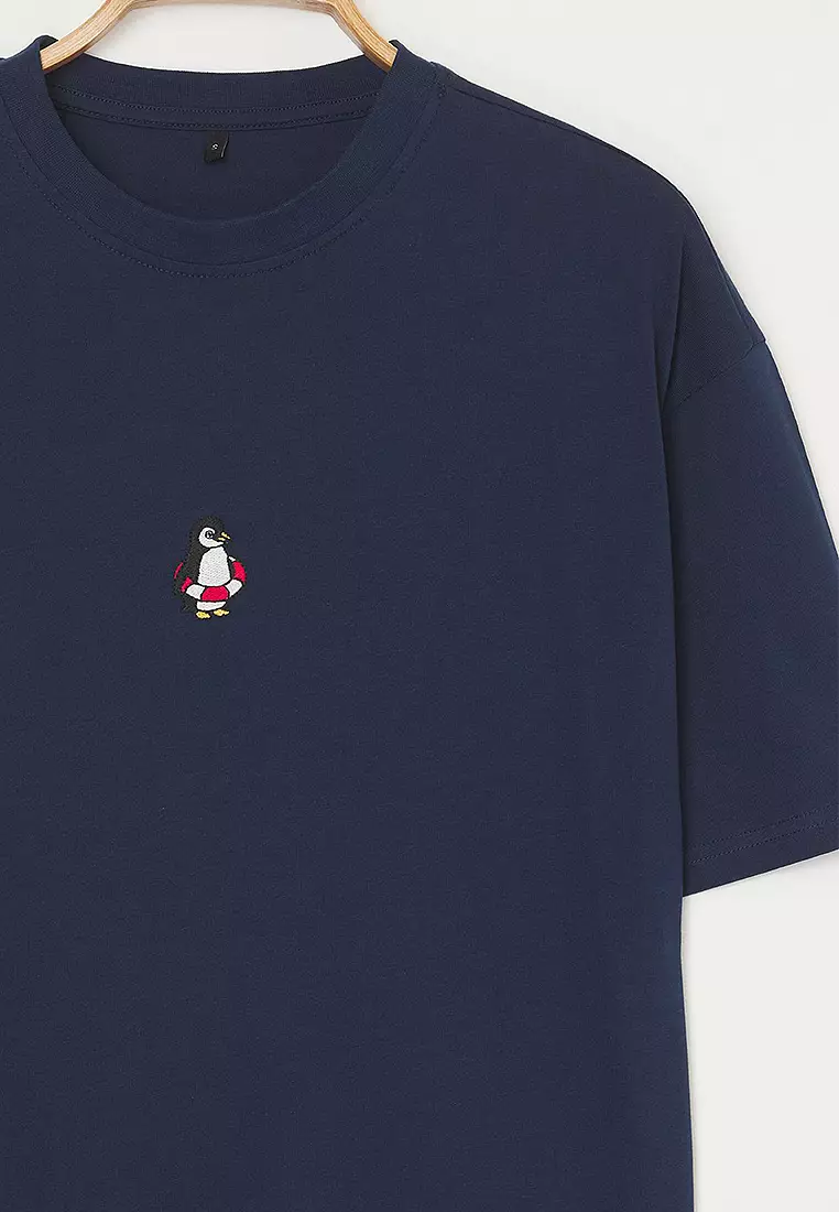 Navy Blue Oversize/Wide Cut Penguin Embroidered 100% Cotton T-Shirt
