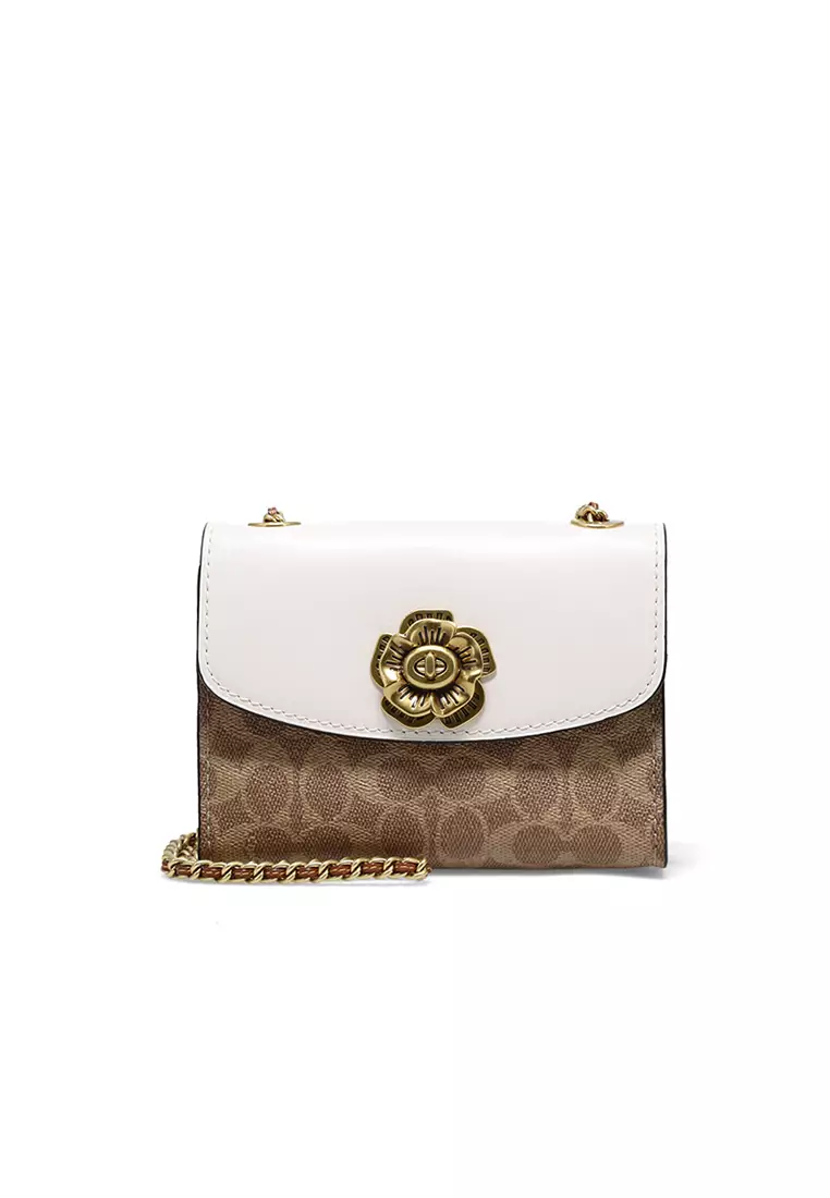 COACH Parker 18 Camellia Chain Riveted Canvas Patchwork Leather Cross Body One Shoulder Bag Small