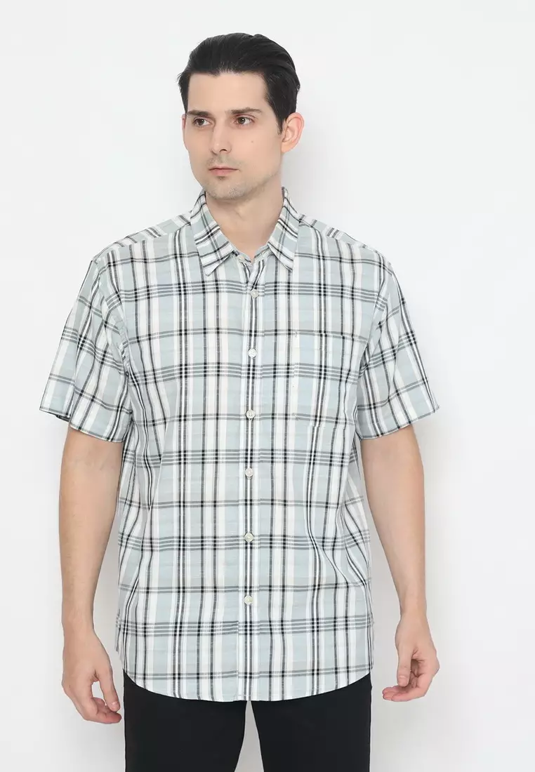 POLICE Kemeja Kotak Cotton Slub Abu Regular Fit Pria