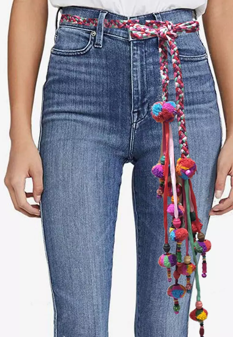 Pom Pom Tapestry Tie Belt Multicolour