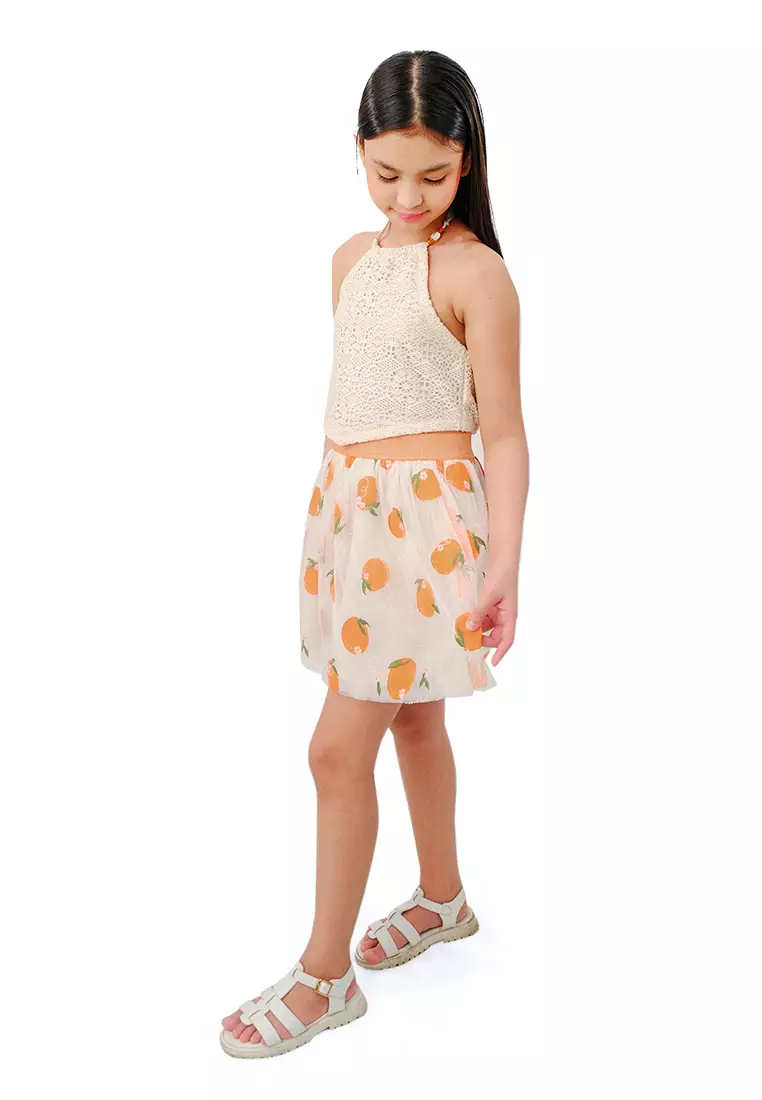 Girls Orange Embroidered Skirt