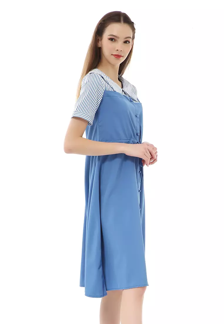 Rachel Midi Dress Wanita Lengan Pendek Vintage Design Tali Pinggang Material Cotton ORIGINAL - Blue