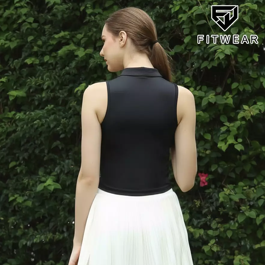 Fitwear Kaos Olahraga Padel Tennis Wanita INGRID SLEEVELESS POLO SHIRT - BLACK