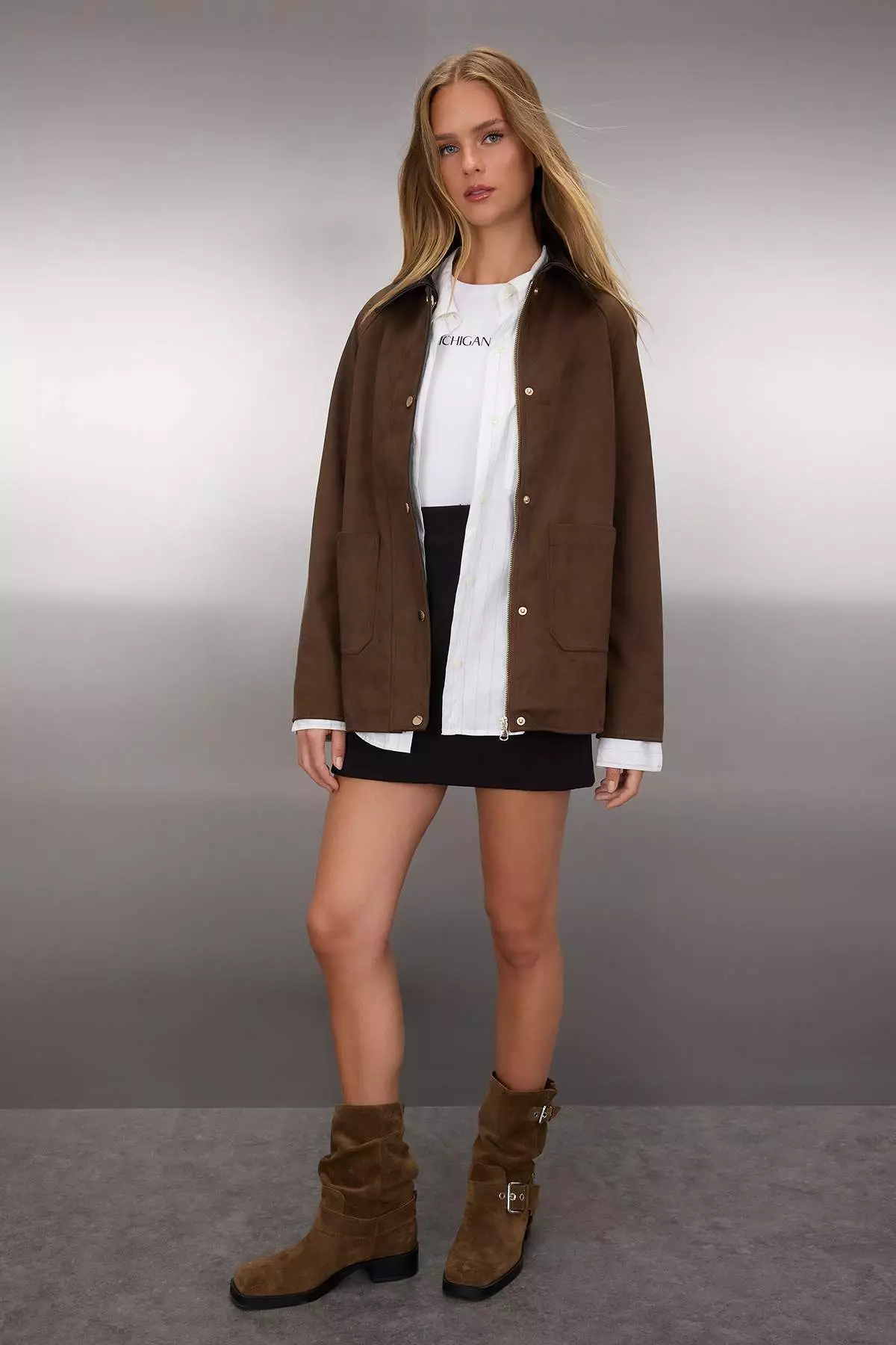 Brown Regular Pattern Collar Faux Leather Detailed Suede Thin Jacket Coat