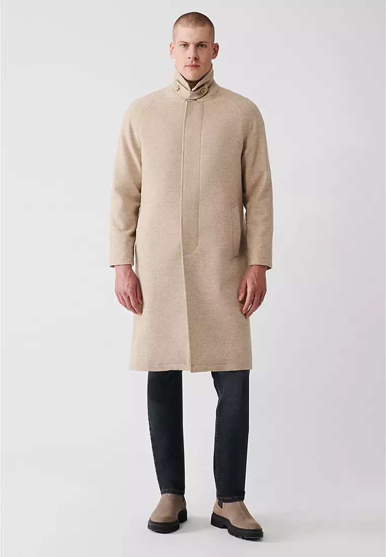 Men's Beige Wool Hidden Placket Raglan Sleeve Long Cashmere Coat A32Y6102