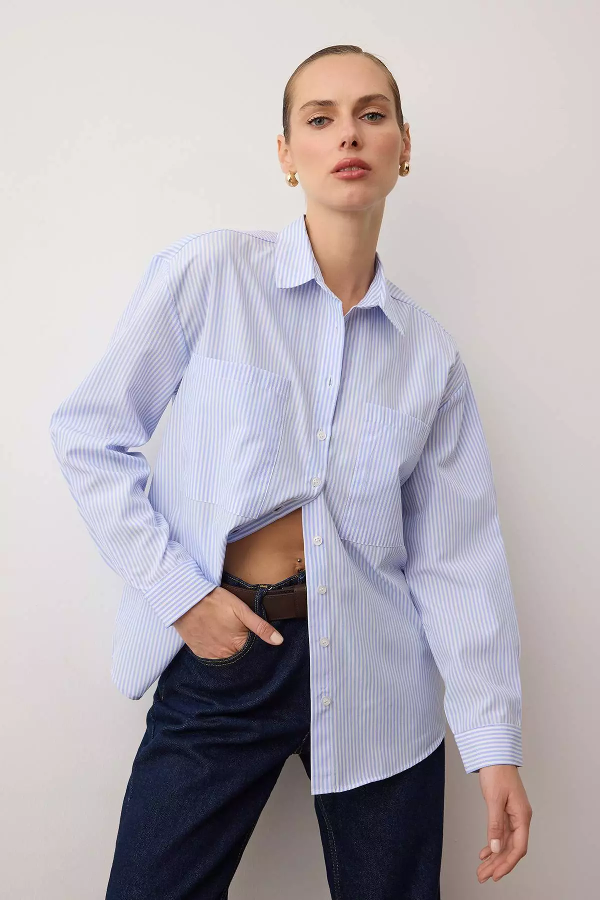 Blue Striped Pocket Detail Oversized/Wide Fit Woven Shirt