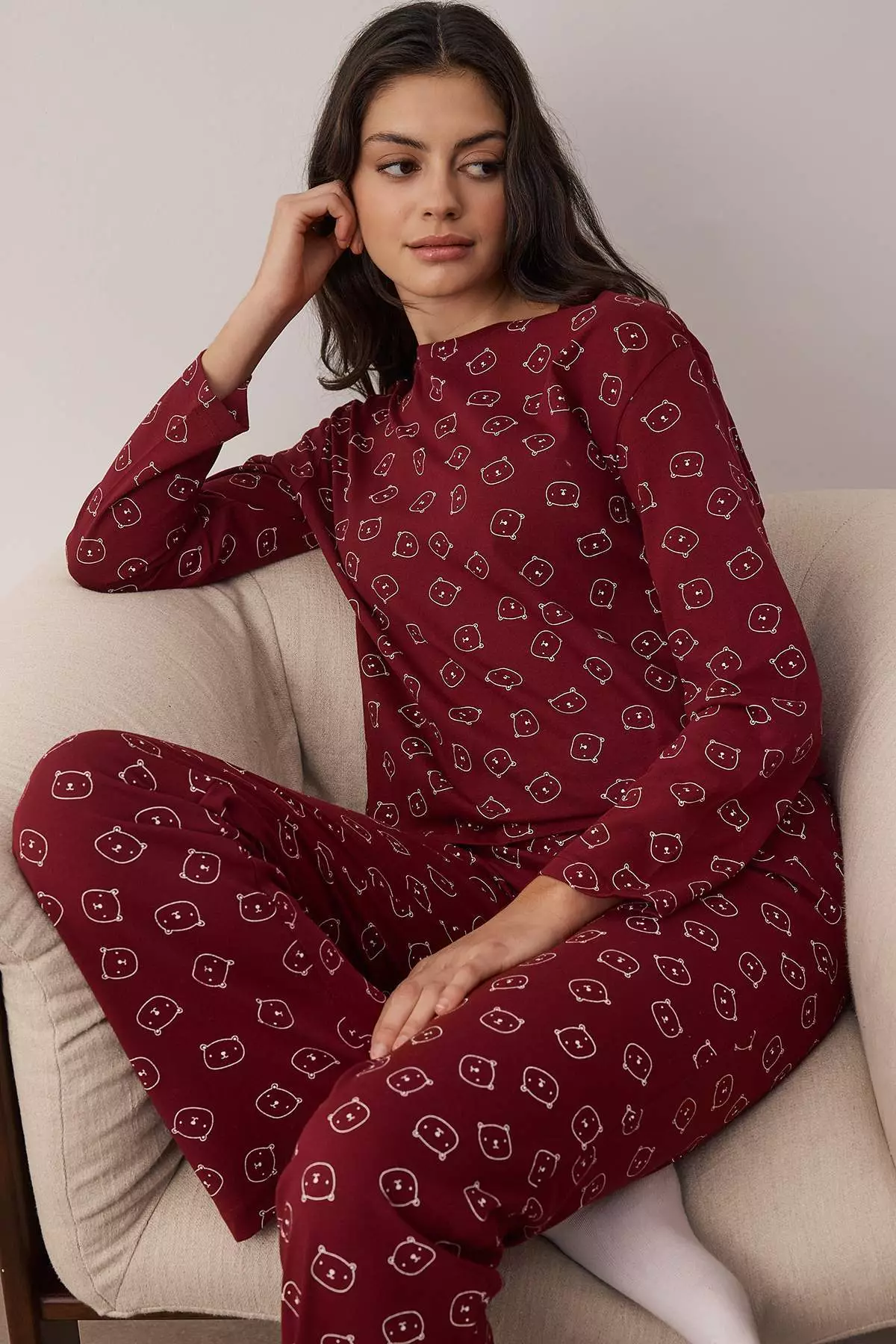 Burgundy 1% Cotton Teddy Bear Knitted Pajama Set Thmaw25Pt131