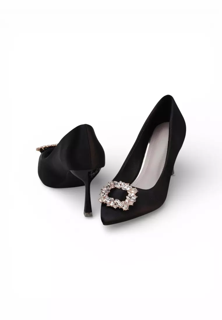 Luxe Crystal Buckle Pointed Toe  Heels 115 in Black