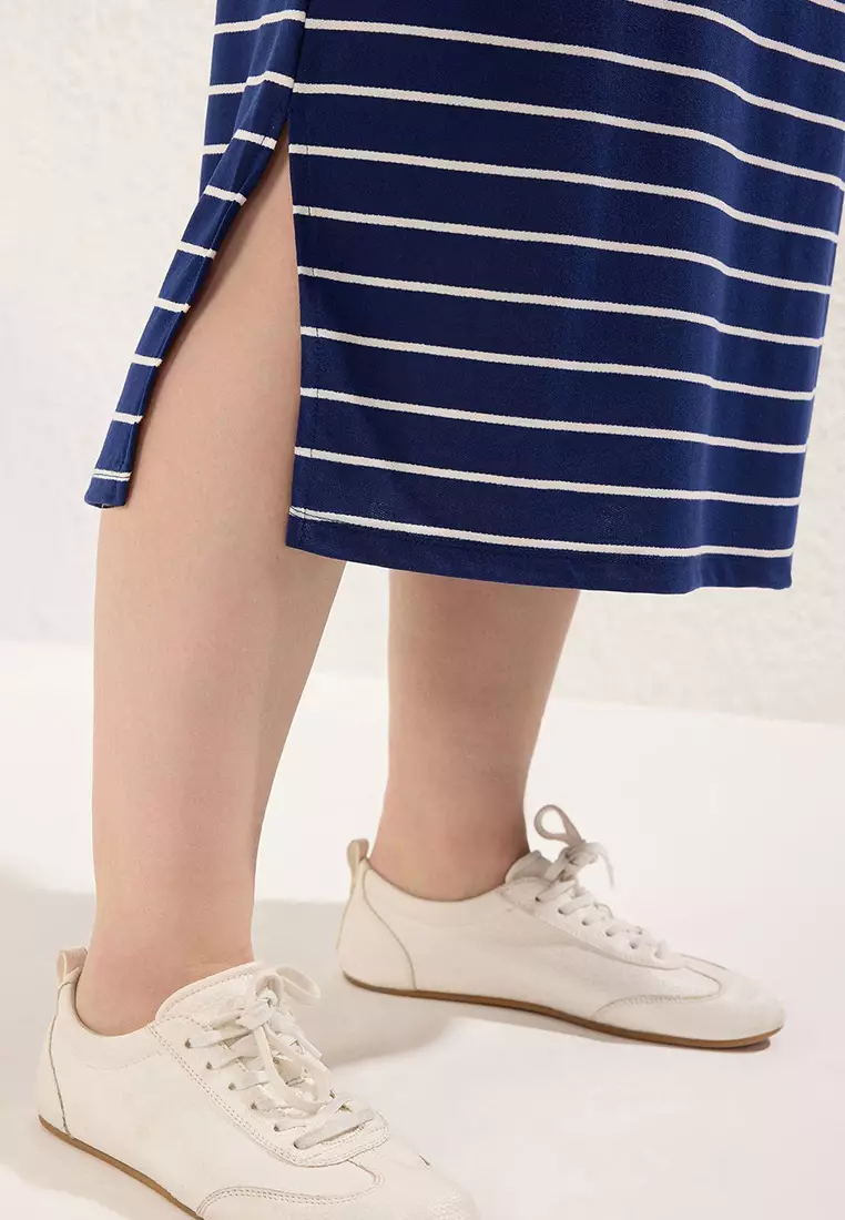 Navy Blue Crew Neck Striped Knitted Plus Size Dress Tbbss25Ah00087