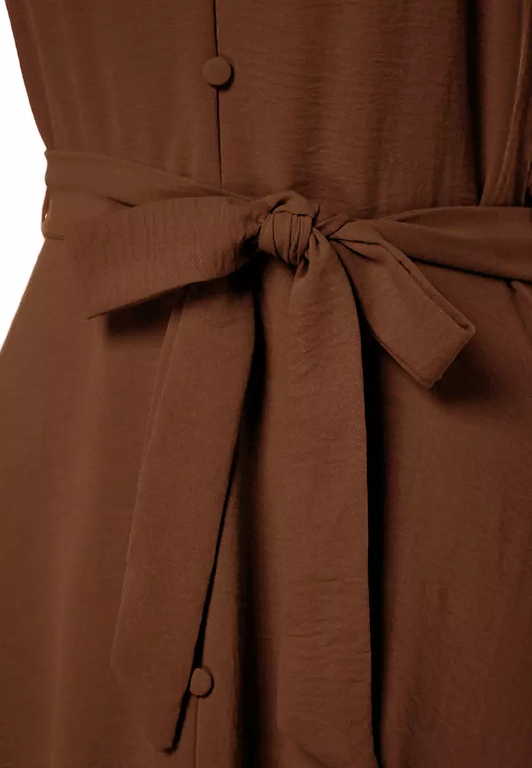 Brown Belted A-Line Flounce Button Detail Woven Maxi Dress TWOSS23EL02271