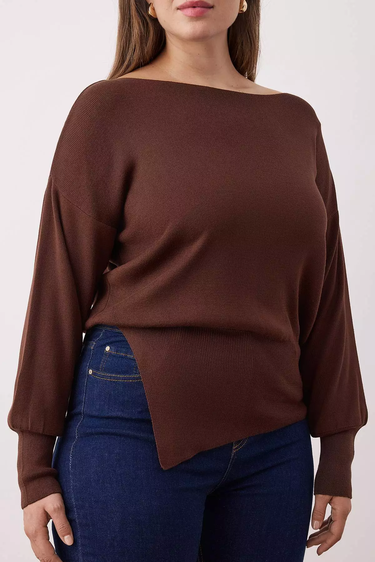 Brown Mercerized Look Boat Neck Slit Detailed Knitwear Sweater