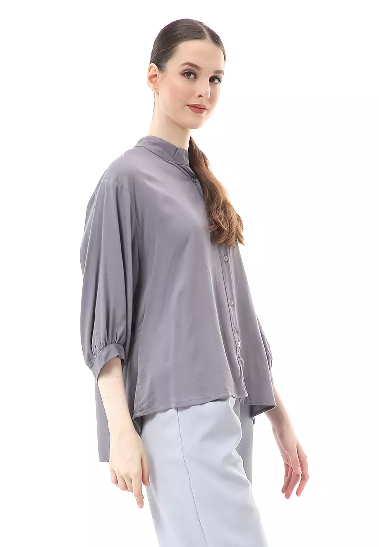 Ghita Kemeja Atasan Wanita Motif Polos Long Sleeve High Quality - Abu Tua