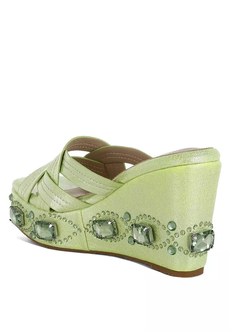 Sandal Potongan Berlian Imitasi & Berlian Imitasi Tebal dalam Warna Hijau Jeruk Nipis