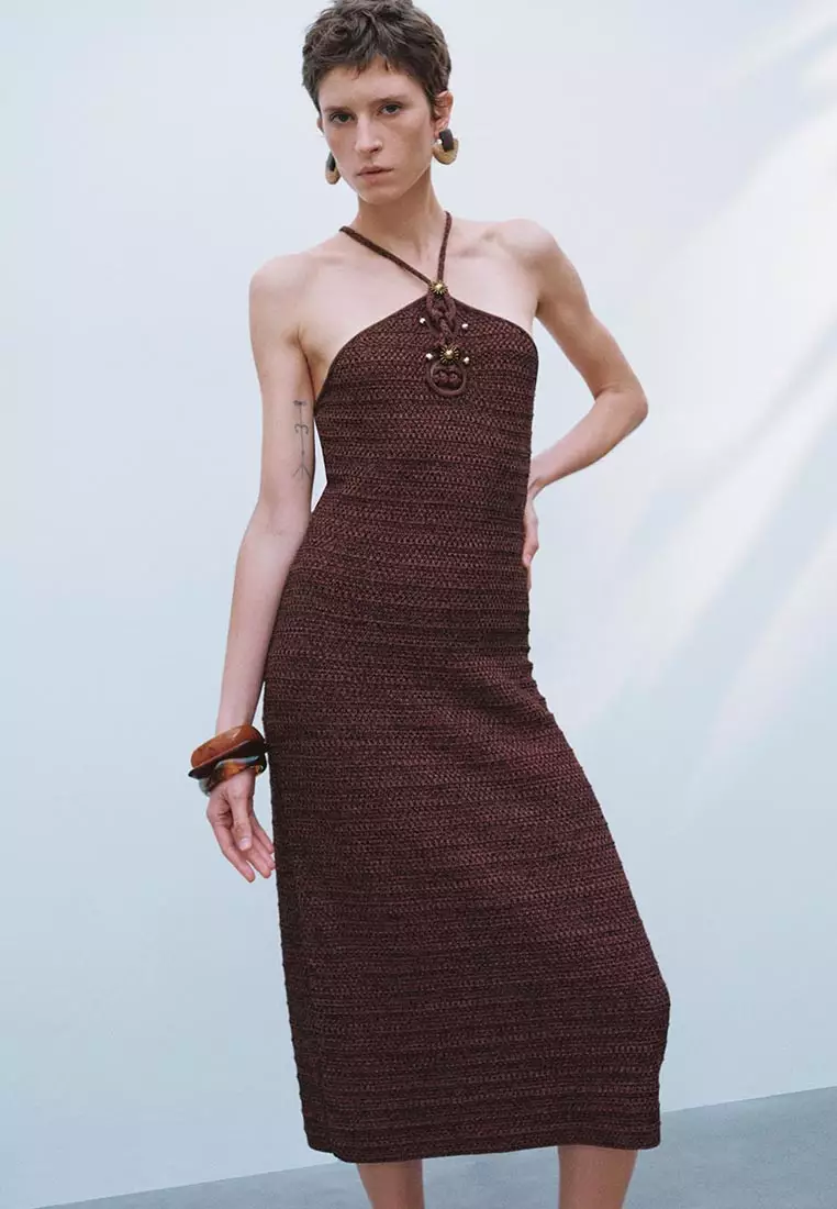Buy URBAN REVIVO Halter Neck Backless Crochet Midi Dress 2026