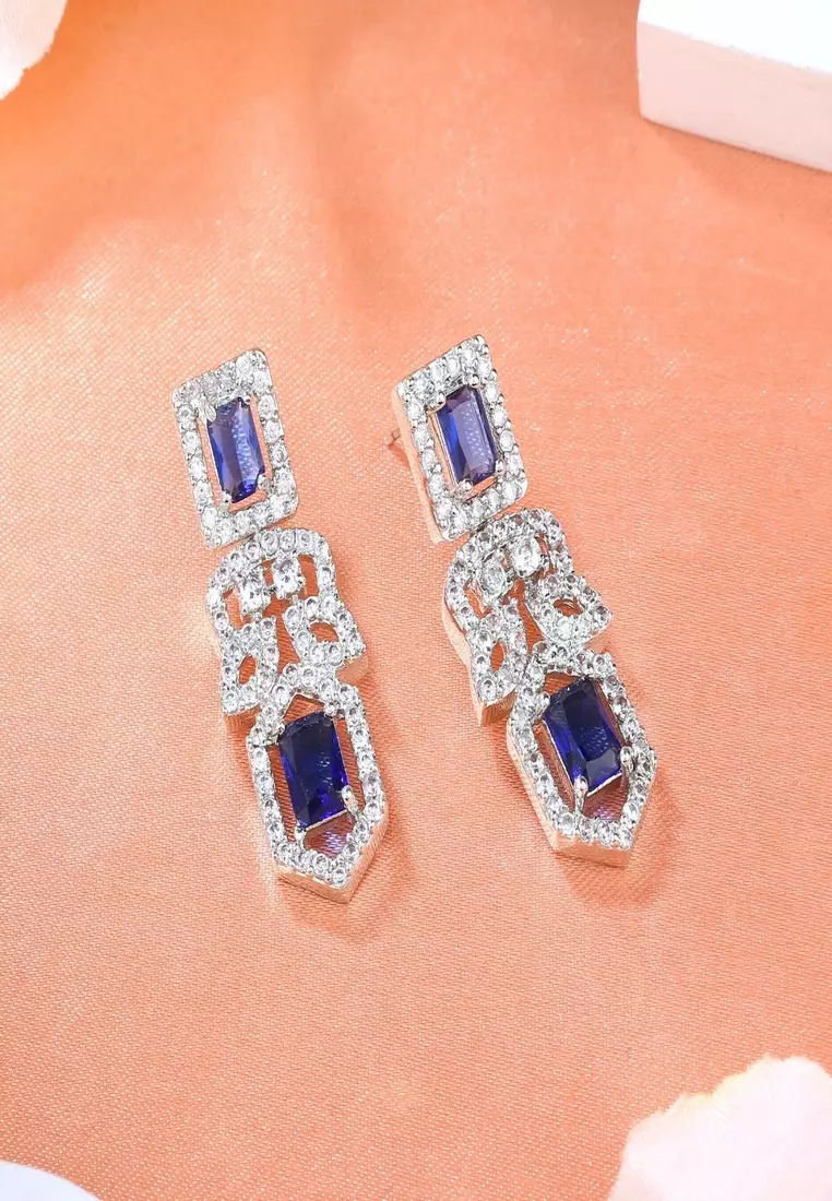 Estele Rhodium Plated CZ Sparkling Designer Earrings With Blue Crystals For Women