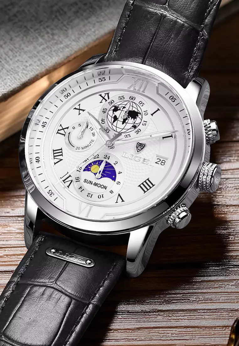 Chronograph Unisex 42mm Stainless Steel Quartz Watch, White Dial on Leather Strap