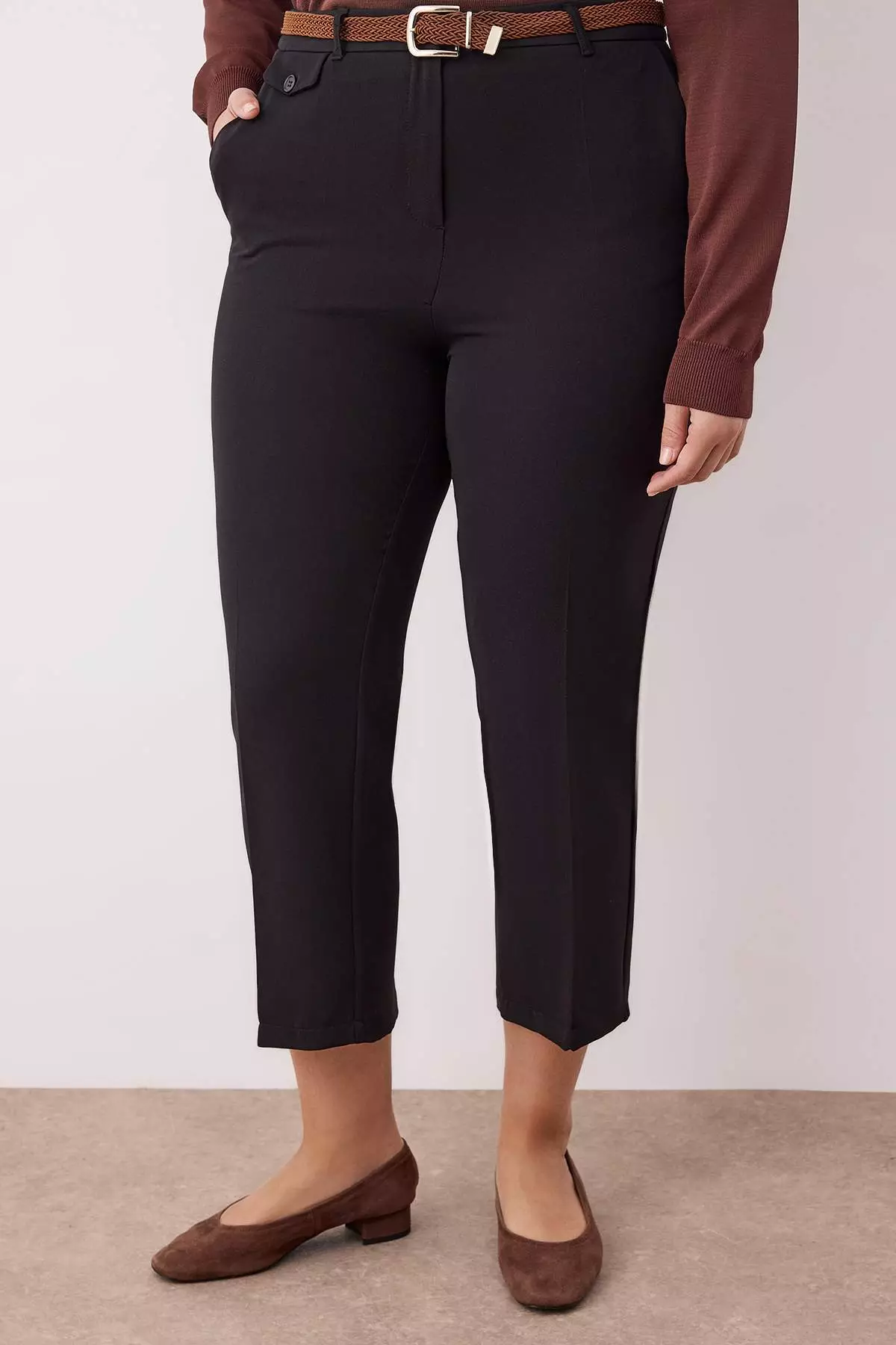 Black Normal Waist Straight Leg Plus Size Woven Trousers