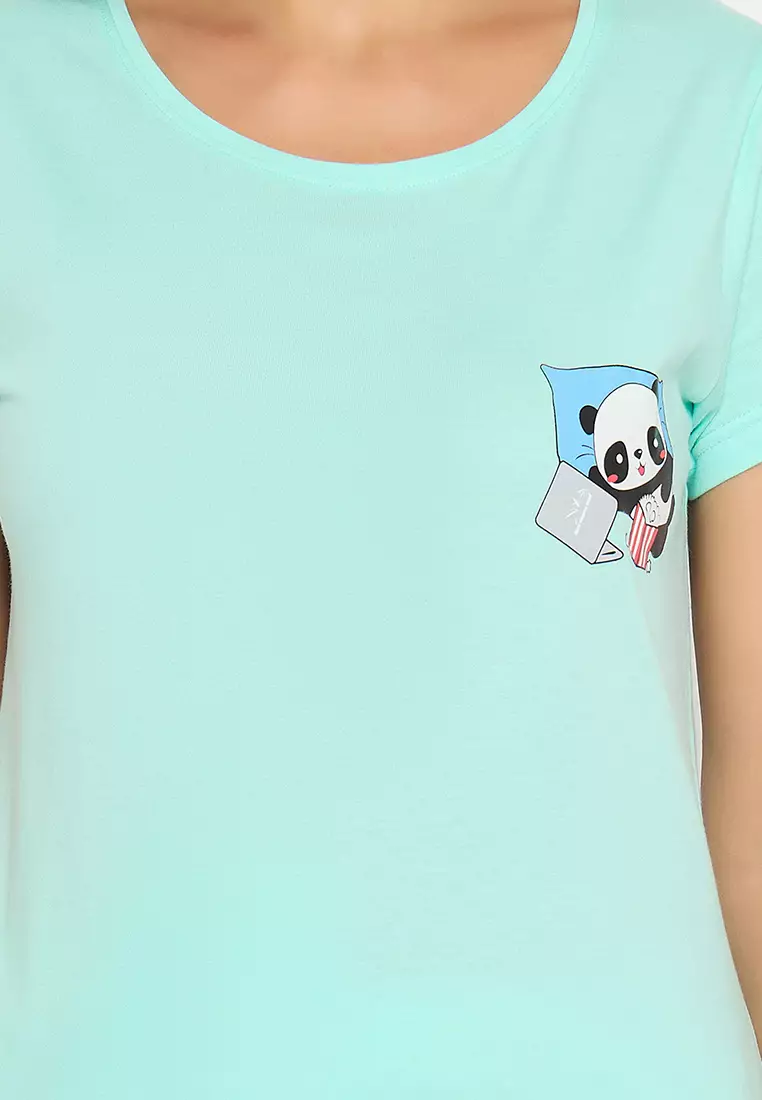 Clovia Cute Panda Print Top & Shorts in Light Blue - 100% Cotton