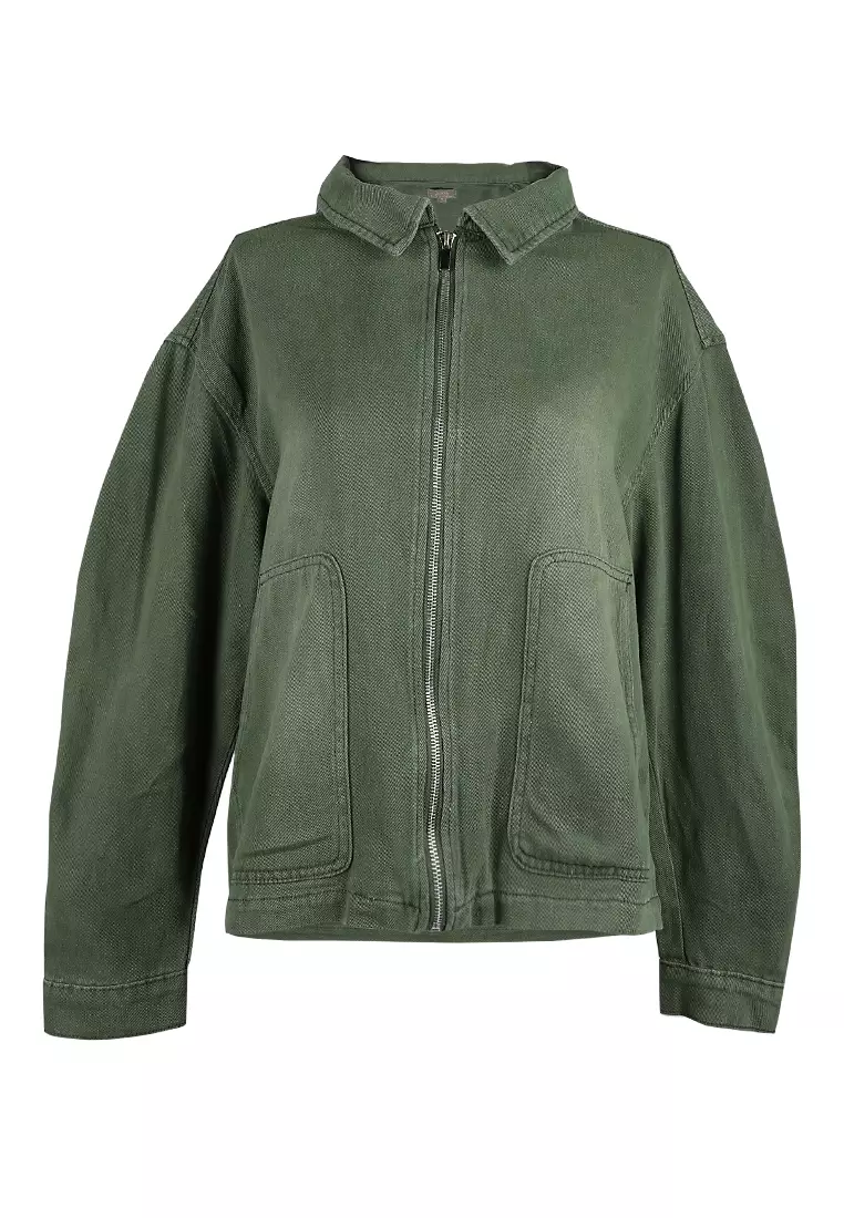 Unisex Army Green Ruched Sleeve Utility Jacket