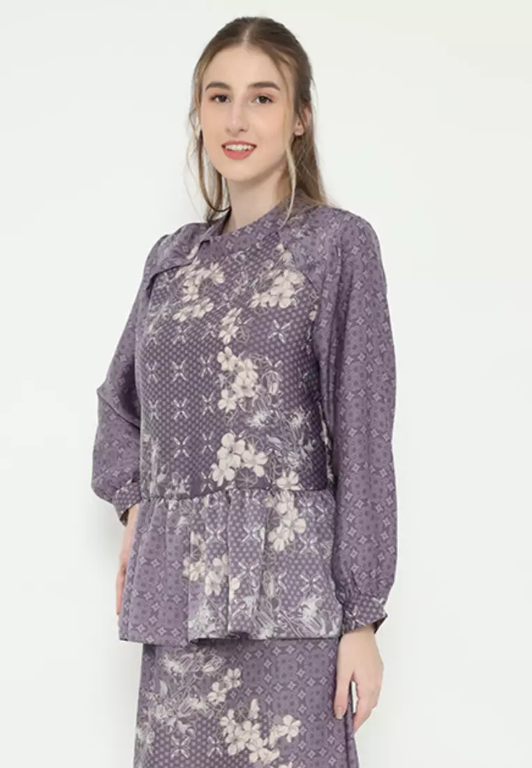 Blouse Floral Ethnic Lavender Long Sleeve Armany Silk By Brilliant Girl Warna Ungu