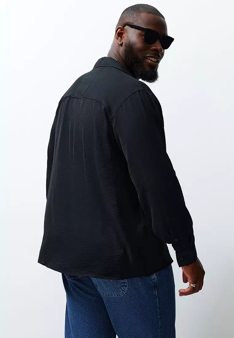 Black Regular Fit Open Collar Summer Linen Look Plus Size Shirt TMNSS24AX00012