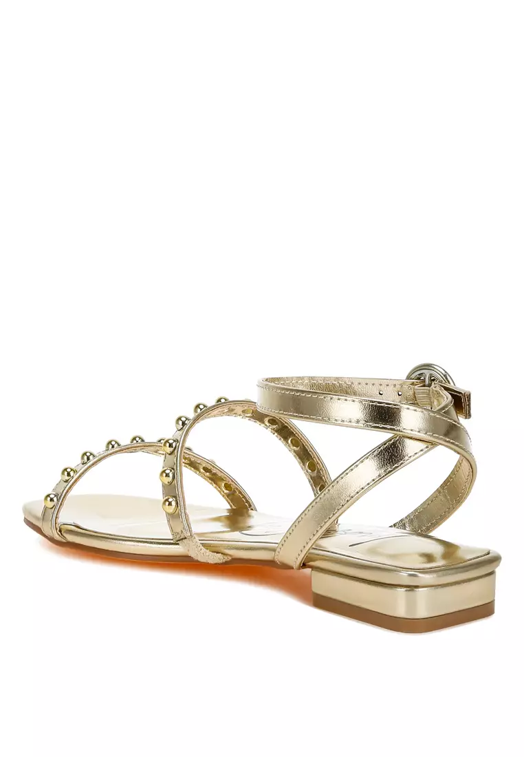 Studded Ankle Strap Flat Sandals in Gold