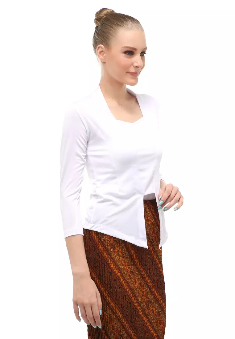 Kebaya Atasan Wanita Motif Solid Long Sleeves Slip On Style Design Casual Relaxed Fit - Putih