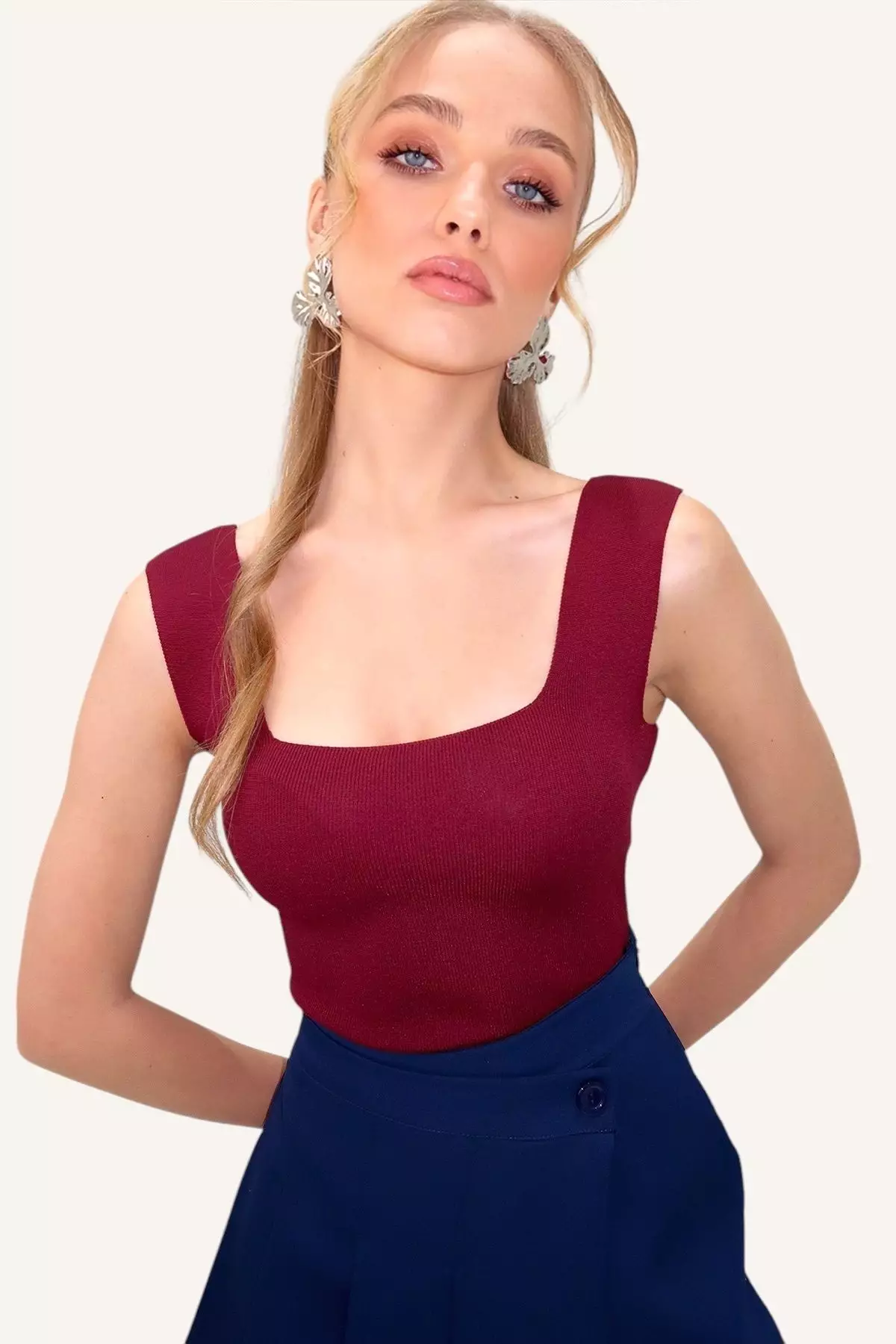 Women's Plum Square Neck Slim Mercerized Blouse