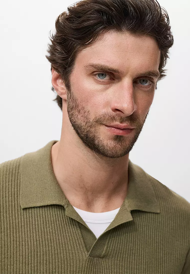 Cotton-Blend Ribbed Polo Sweater