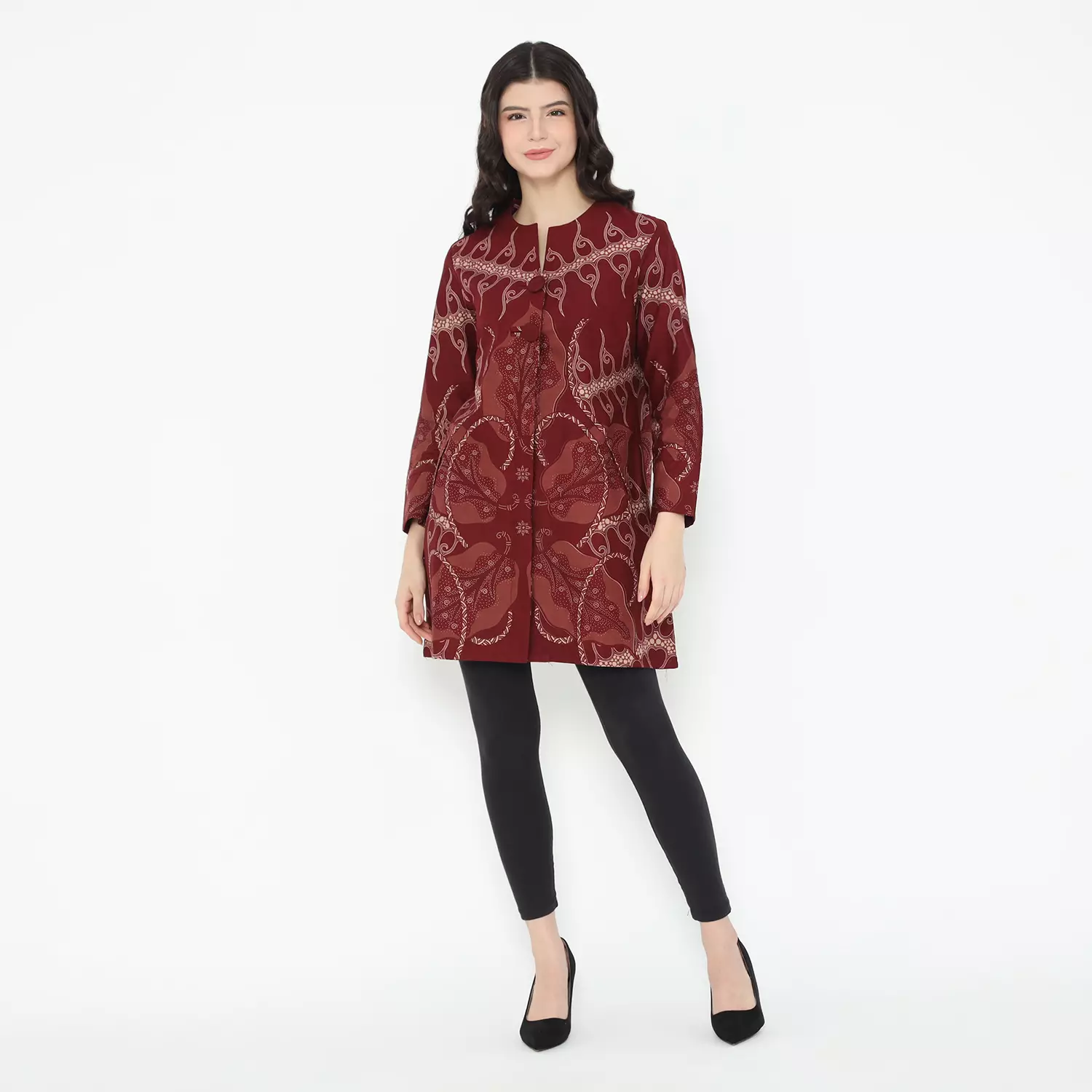 Tunik Batik Wanita Modern Tunik Kancing Lengan Panjang Warna Red Motif Laksmi