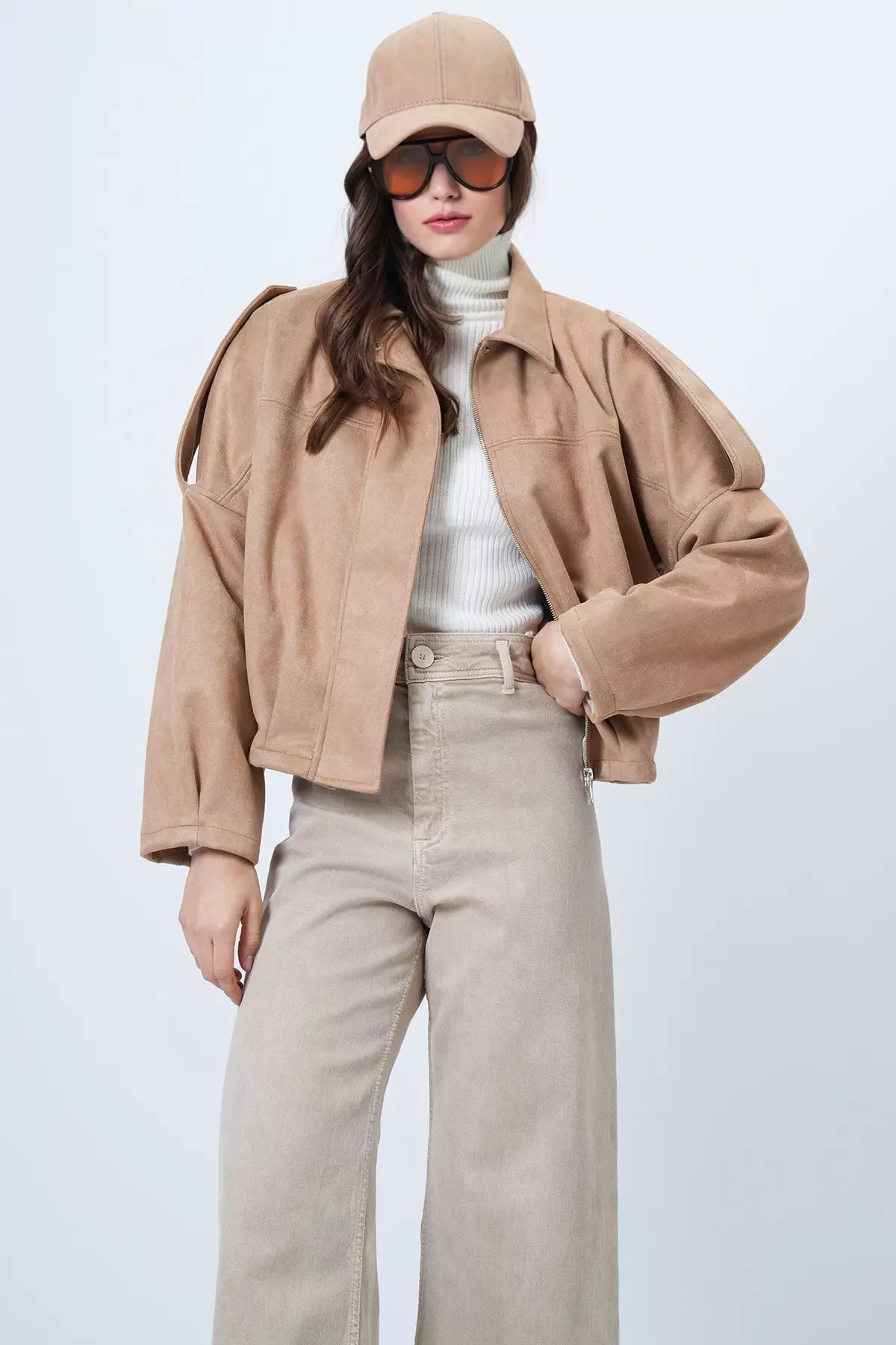 Beige Shoulder Padded Lined Faux Suede Bomber Jacket Alc-X14526