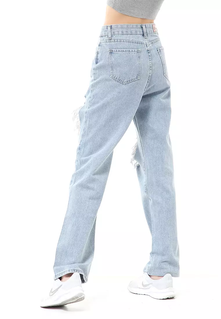 Stella Highwaist Baggy Ripped Jeans Wanita Long Pants Desain Sobek Material Denim ORIGINAL - Blue
