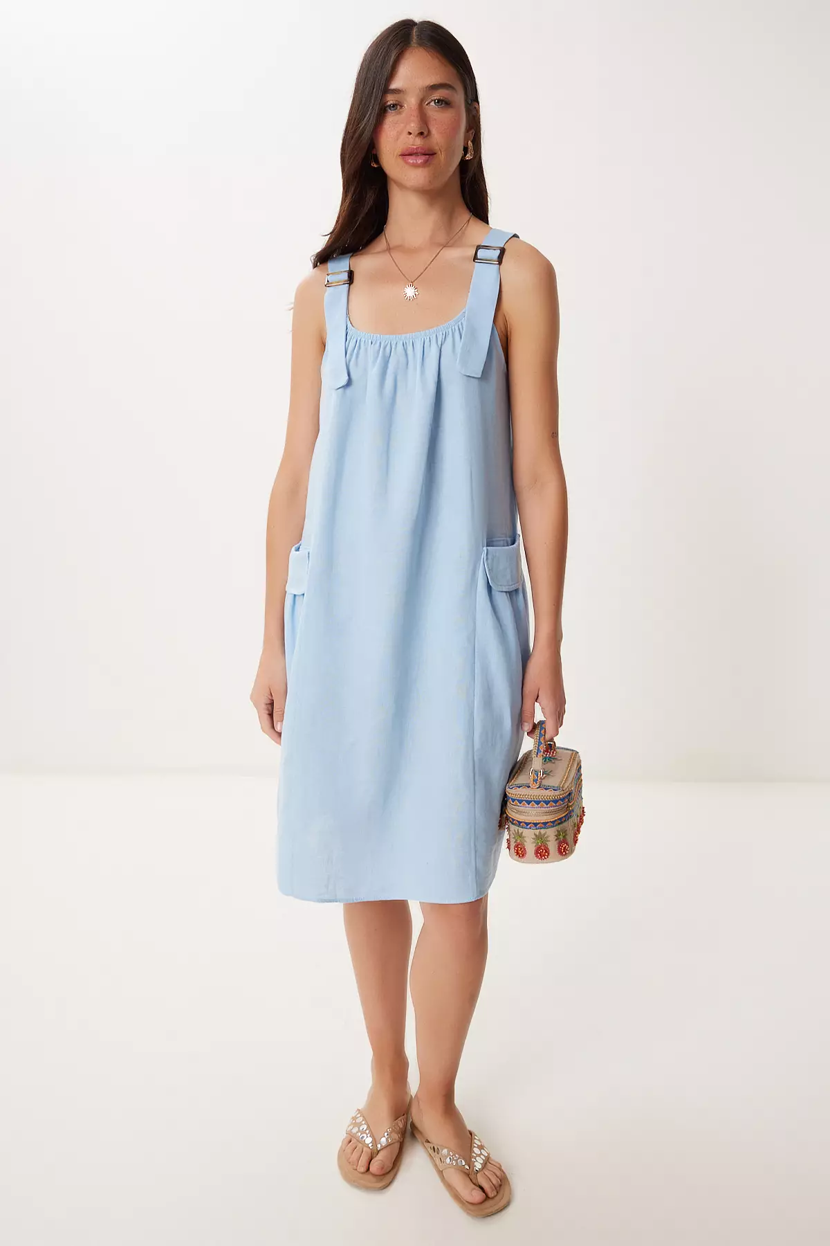 Women's Sky Blue Linen Blend Light See-Through Beach Dress Gx00009