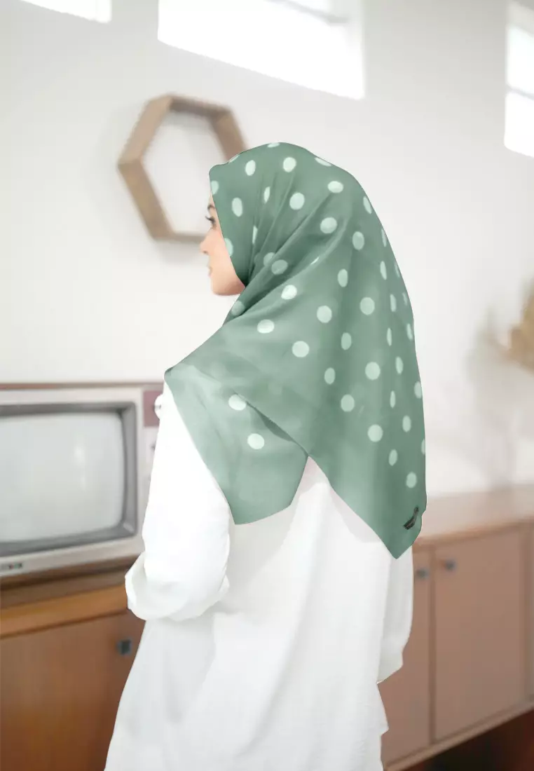 Polka Dot Printed Scarf | Hijab Segiempat Motif - Brush Green
