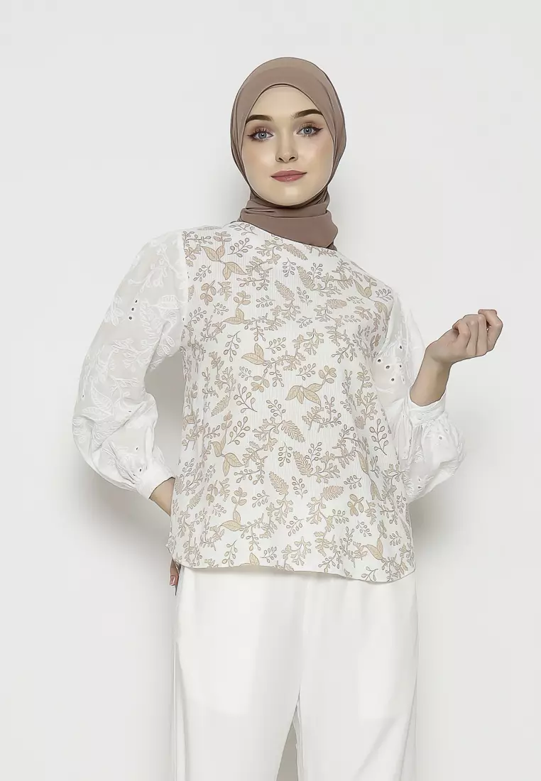 Urban Exchange Verano White Blouse - Atasan Blouse Printed Lengan Panjang Warna White