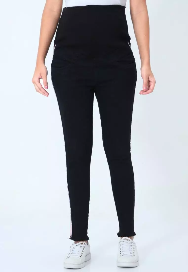 Distress Taped Maternity Denims with Belly Support-Black