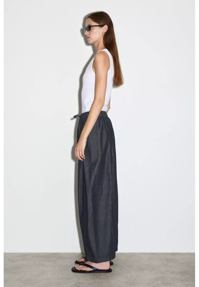 BARREL-LEG DENIM DRAWSTRING TROUSERS