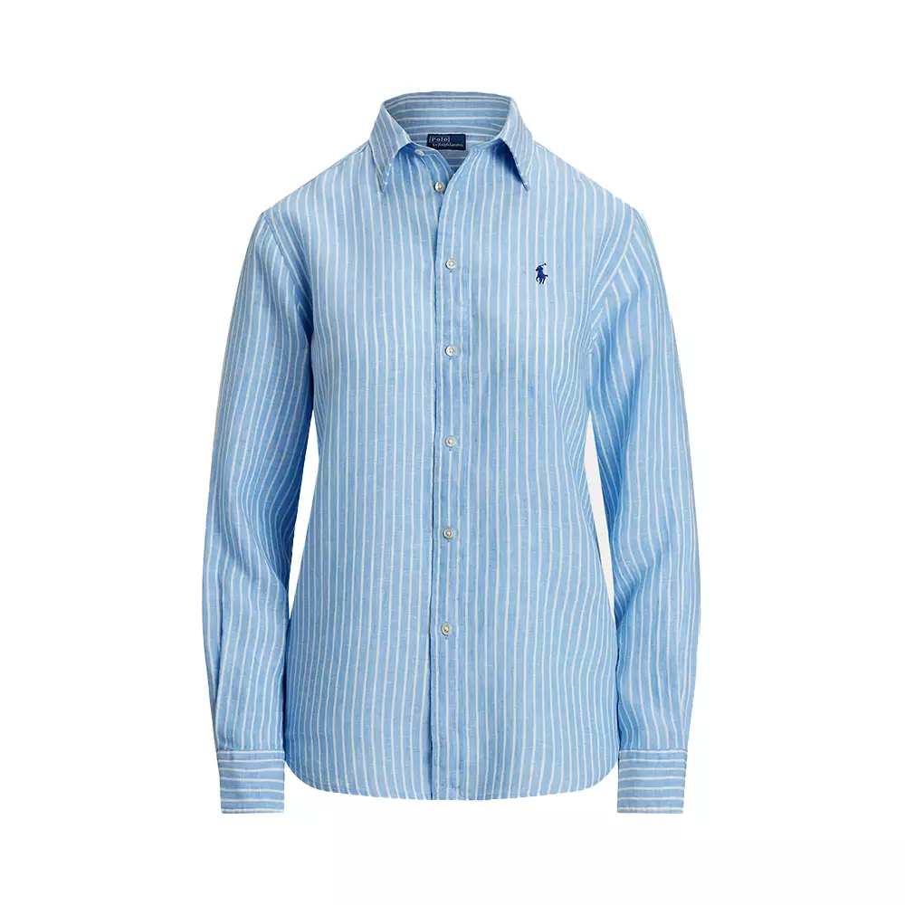 Classic Fit Striped Linen Long Sleeve Shirt Light Blue/White