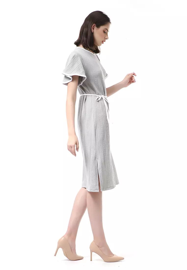 Rachel Dress Wanita Lengan Pendek Model Tali Pinggang Plain Motive Material Curly Kinit ORIGINAL - Gray Mint