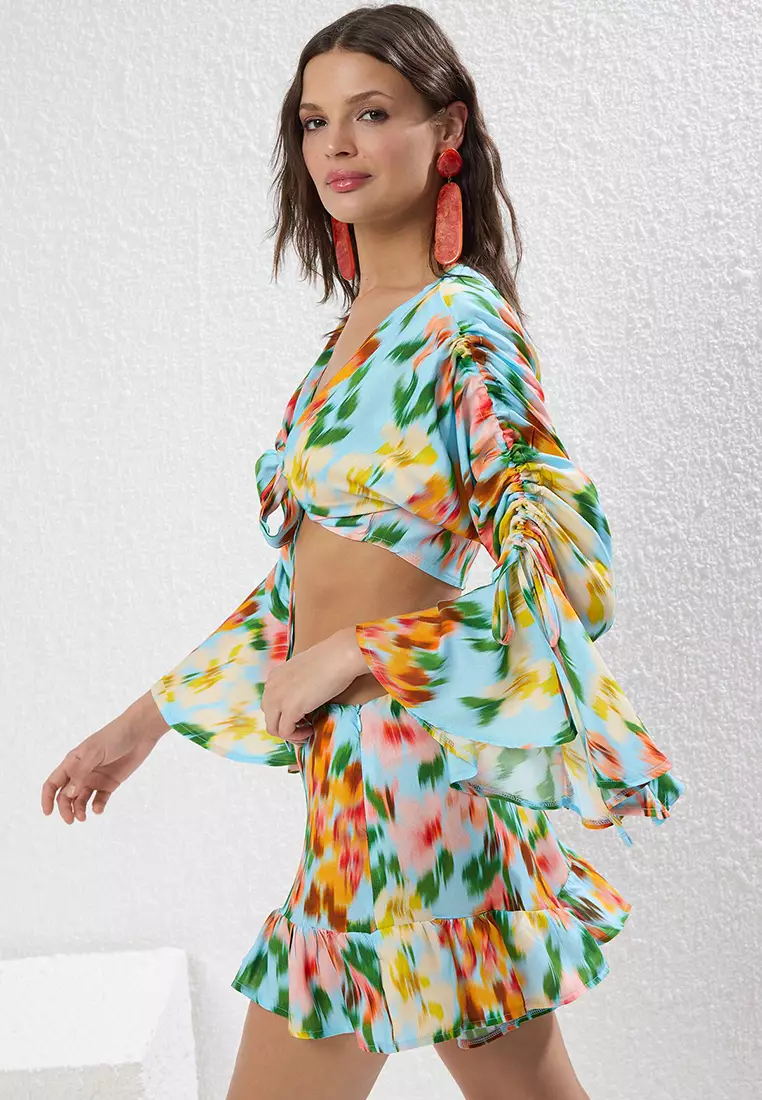 Floral Patterned Woven Blouse Shorts Beach Set TBESS23AU00128