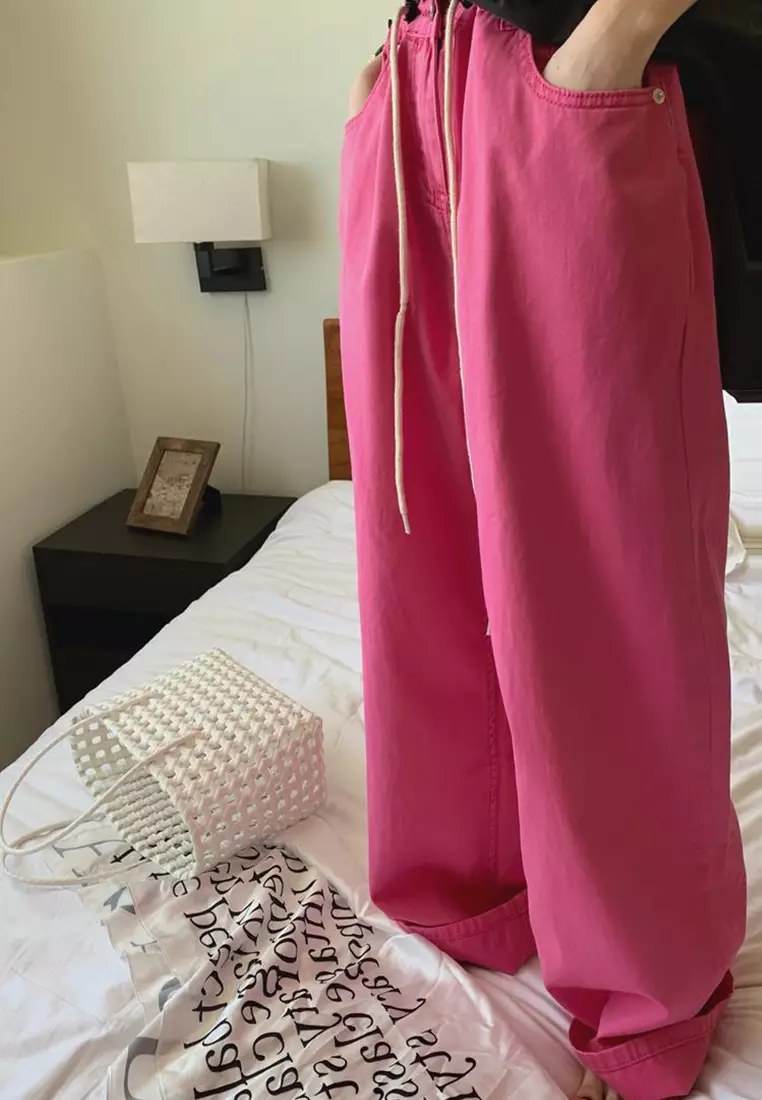 2025 S/S Casual And Playful High Waist Drawstring Waist Slimming Solid Color Straight Jeans CA230321280PI