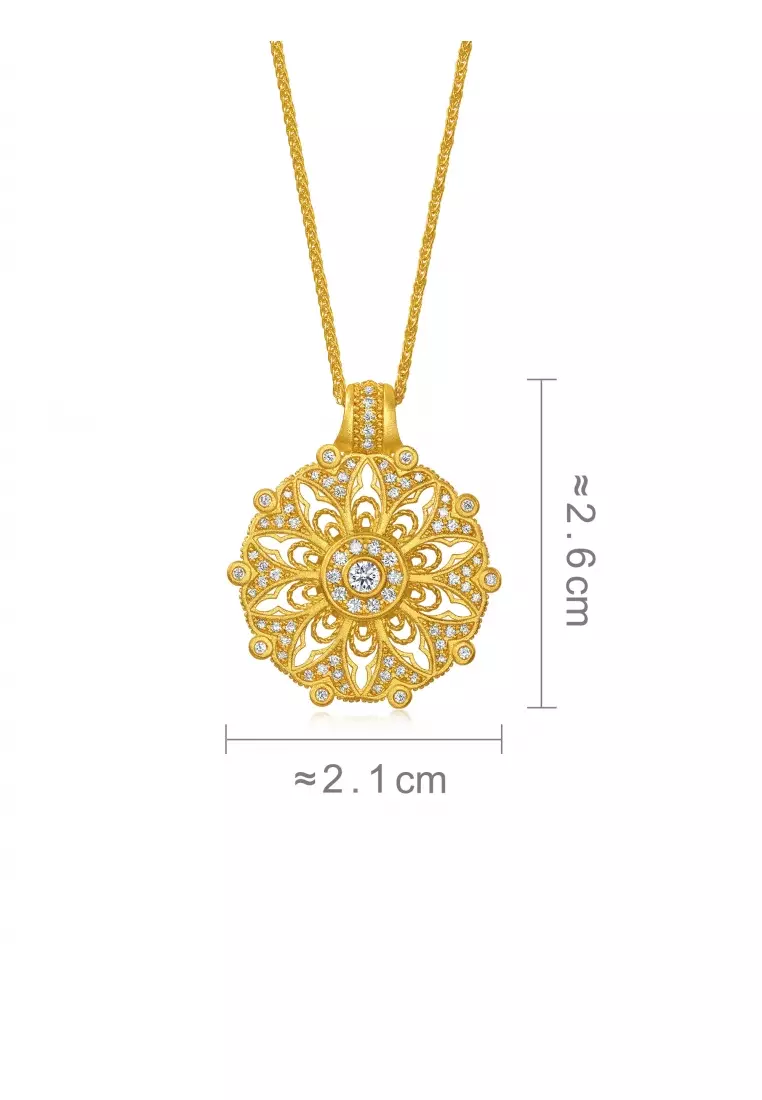 999.9 24K Solid Gold Cultural Blessings Diamond Mandala Necklace for Women 95564N