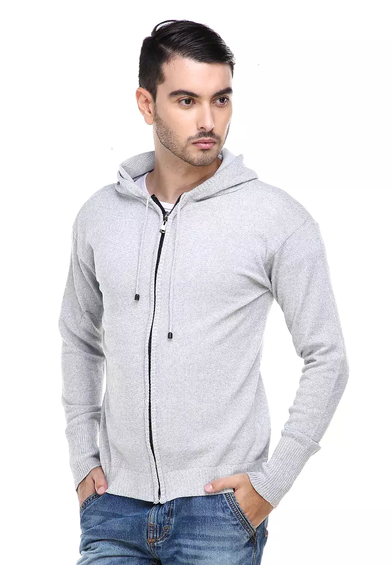 Clover Jaket Hoodie Pria Kasual Casual Jacket Material Rajut Premium ORIGINAL - Light Gray