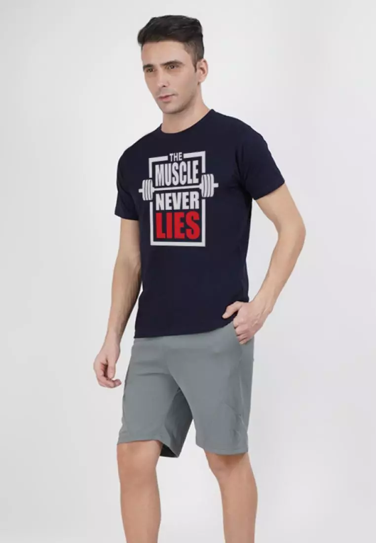 Muscle Never Lies 海军蓝色棉混纺短袖锻炼/训练 T 恤